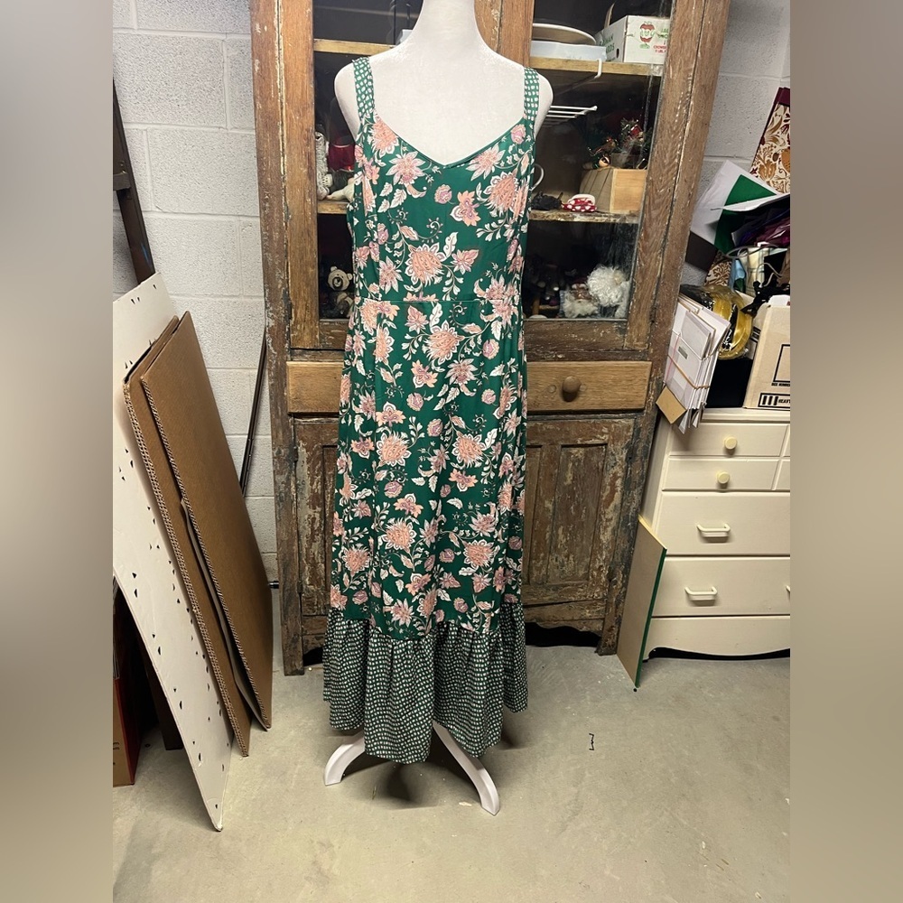 Mila Mae Green Peach Floral Sleeveless Dress Ruffle Hem Size L - Picture 2 of 8